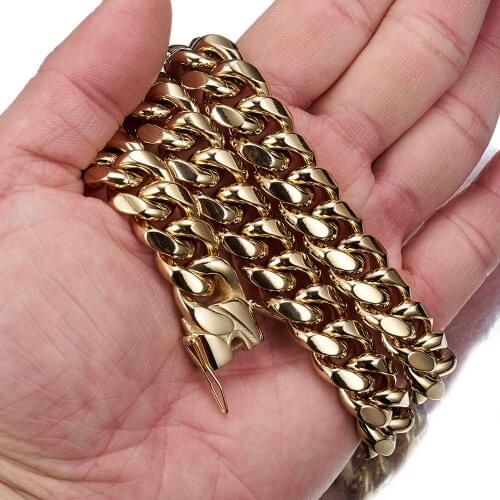 Hot Mens Womens Hip hop Gold Curb Chains Necklaces Stainless Steel 14mm Width Miami Cuban Chain Necklace Hiphop Jewelry 7-40"