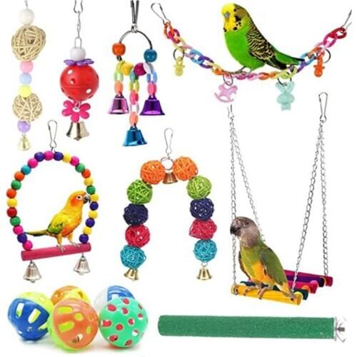 13Pcs Parrot Swing Wooden Perch Foot Grinding Stand Stick Arcylic Link Chain Chewing Rattan Ball Hanging Bell Bird Cage Toys