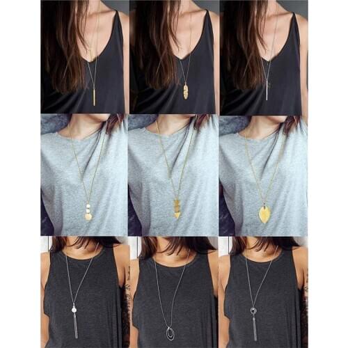 Long Pendant sweater Necklace 9pcs/set feather Leaf Bar Disc Tassel Oval-shape triangle pendant silver color gold color plated