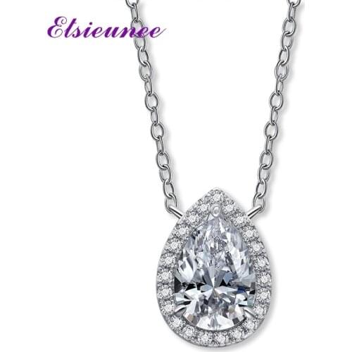 ELSIEUNEE Pear Cut 100% 925 Sterling Silver Simulated Moissanite Gemstone Diamond Pendant Necklace Cocktail Party Fine Jewelry