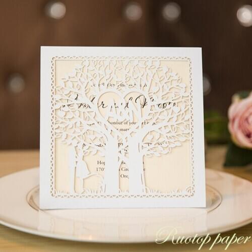 Top sale 2019 fairy tale tree heart design wedding invitation card lover with bride and groom