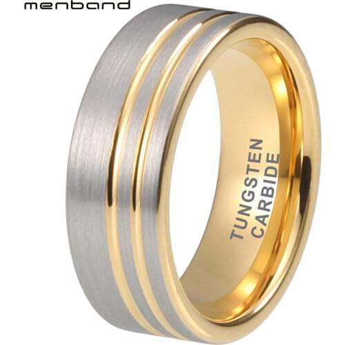 Yellow Gold Tungsten Carbide Ring Men Women Wedding Band With offset Grooves Brushed Finish 8MM Comfort Fit