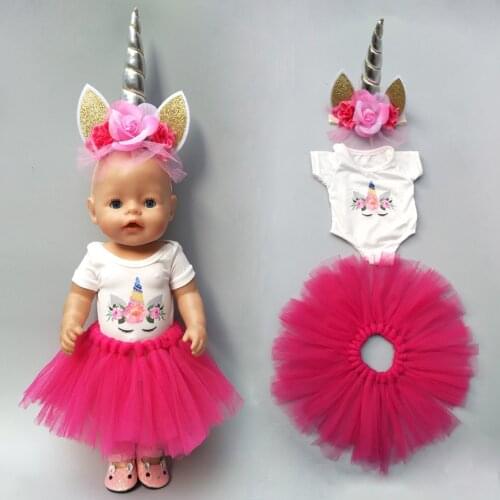 Doll clothes set for 43cm born Baby doll unicorn tutu dress doll head band for 18 inch doll dress clothes set