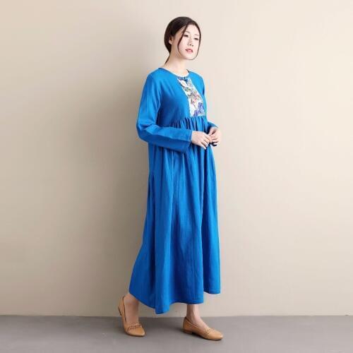 Summer new products blue white flower Chinese antique floral dress round neck long sleeved cotton linen vintage embroidery Dress