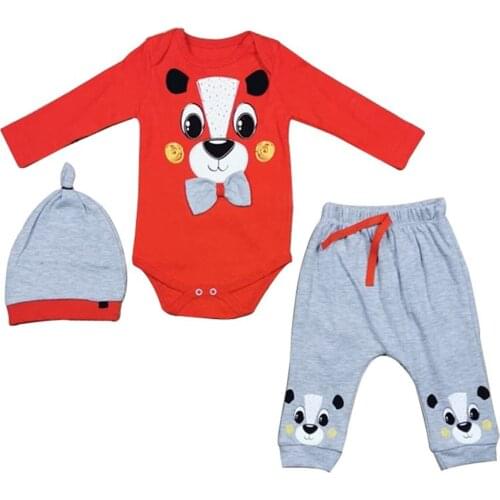 Papyonlu Teddy Bear Baby 3'lü Suit-Red Gray