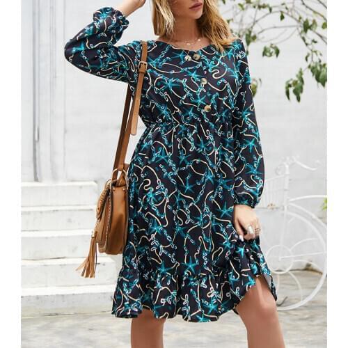 Pdfmily Autumn Winter Ladies Casual Dresses Print Button Long Sleeve Slim A-Line Ruffles Short Formal Dress Women Elegant New