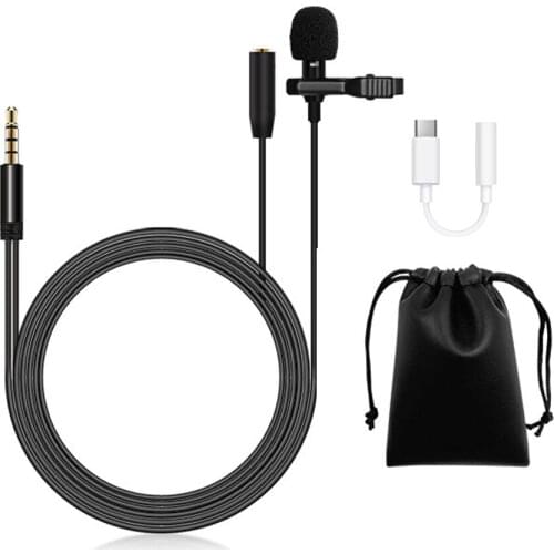Lavalier Microphone Lapel Clip-on Condenser Mini Mic 3.5mm TRRS Plug for Video Music Interview with Type-C Conversion Plug