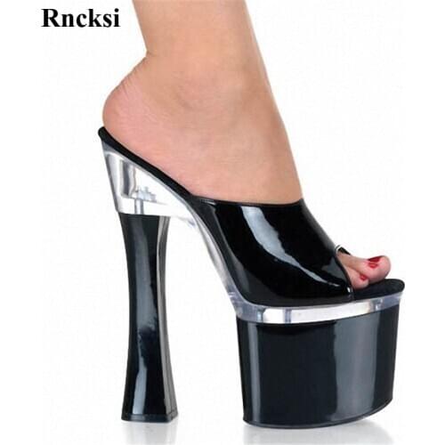 Rncksi New 18cm High-Heeled Shoes Open Toe Party Slippers Women 18cm Square Platform Slippers Exotic High Heel Shoes
