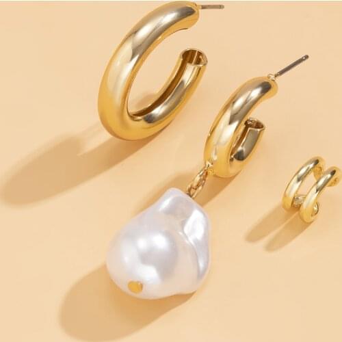 Retro Shaped Water Drop Imitation Pearl Earrings Ins Simple Temperament Asymmetric C-shaped Earrings European and American Style