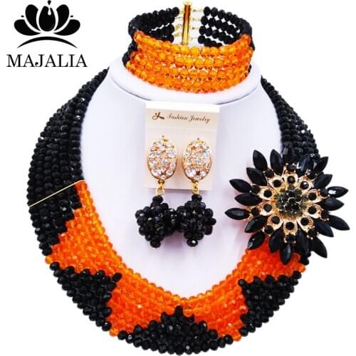Nigerian Beautiful Bride Wedding Black and Orange Crystal Necklace African Wedding Dress Accessories Jewelry Set SJ-32