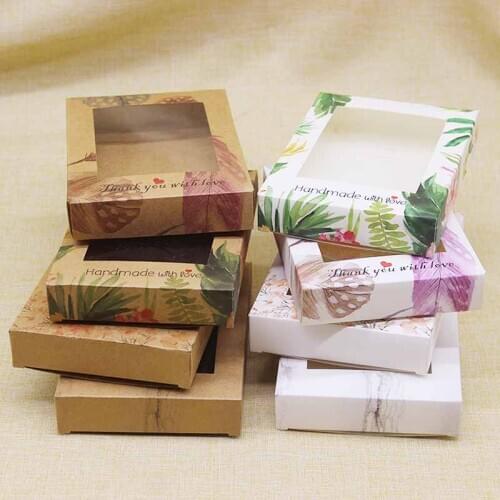 Vintage Kraft Paper flower pattern Candy Box with Window DIY thank you marbling Handmade Wedding Christmas gifts package box