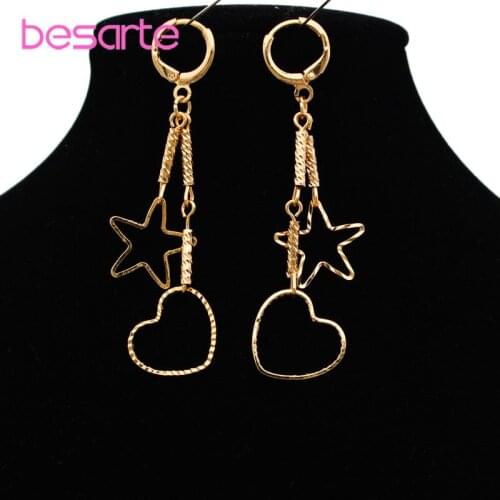 Gold Heart Star Long Earrings for Women Hart Oorbellen Kolczyki Boucle D'oreille Coeur Aretes Largos Orecchini Cuore Kupe E3306