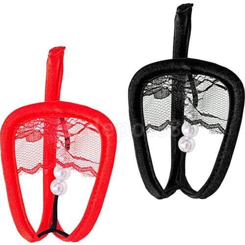 Womens Sexy Sheer Lace Pearls C String Thong Invisible Underwear Panties Red / Black
