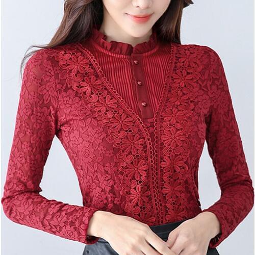 Winter Fall Sweet Office Lady Womens Red Black White Lace Long Sleeve Warm Thick Tees Tops , Woman 4xl 5xl Fleece Slim T Shirts