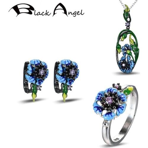 BLACK ANGEL Handmade Blue Enamel Cornflower Flower Clip Earrings Necklace Ring For Women Fashion Jewelry Set 2020 New Wholesale