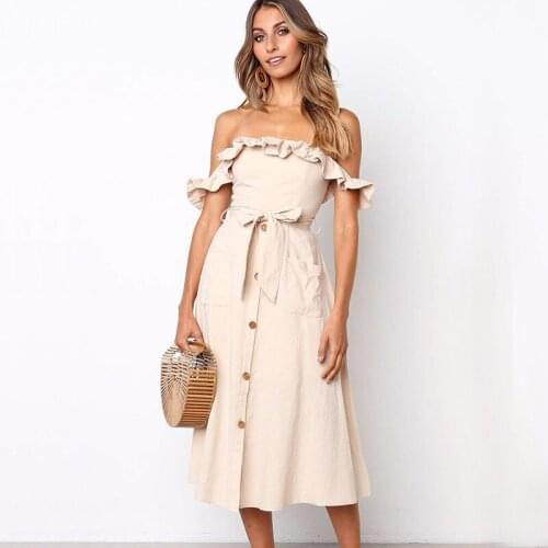 Female Sexy Off Shoulder Party Midi Dress 2021 Women Elegant Ruffles Dresses Vestido Solid Casual Button Summer Girl Party Dress