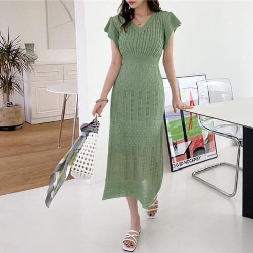 Midi Dress Knitted Elastic A Line Dresses Elegant Women 2021 Summer Sexy V-Neck Office Ladies Dresses