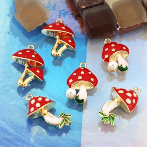 10 Gold-tone Mushroom Charm with Red Enamel Mushroom Faux Pearl Pendant Vegetable Jewelry Supply Red Mushroom in Bulk Charm JU3