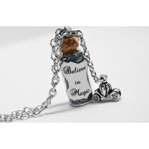 12pcs/lot BELIEVE In MAGIC Bottle Necklace with a Pumpkin Carriage Charm, Cinderella Believe Jewelry