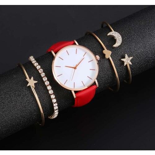 5 pcs Watch with bracelet set Minimalist Thin Star and Moon Bracelet Men Leather Strap Male and Women Quartz watches for Ladie