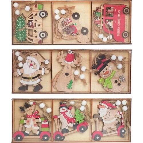 9pcs/box Christmas Car Wooden Pendants Xmas Tree Hanging Ornaments Christmas Decorations For Home Kids Gift Noel Navidad Decor