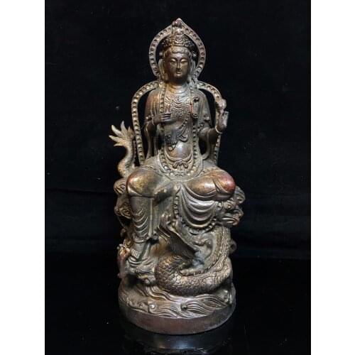 Home Decor 12" Tibet Buddhism Temple Old Bronze Cinnabars Guanyin Bodhisattva Statue Dragon Riding Bodhisattva Amitabha