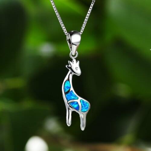Blue Fire Opal Cute Giraffe Pendants Necklaces For Women Animal Jewelry Female Luxury Birthstone Silver Color Necklace Box Chain