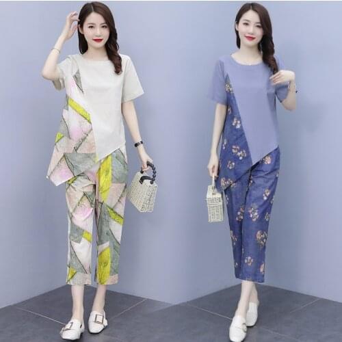 Cotton and Linen Leisure Clothes Set For Women Summer Irregular T-Shirt Cropped Trousers 2 Two Piece Fashion Female Suit 2021