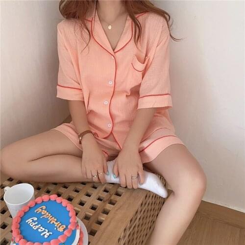 Summer Soft Cotton Solid Pajamas Set Soft 5 Colors Women Pjs Home Set Pijama Short Sleeve Tops Shorts Single-breasted Pijama