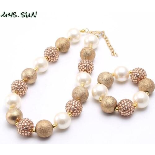 MHS.SUN Baby Girls Gold Beads Necklace Bracelet Fashion Design Child Kids Chunky Bubblegum Necklace Toddler Chunky Jewelry Set