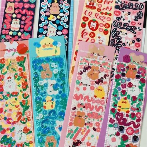 Kawaii Animal Flower Ribbon Glitter Laser PVC Sticker Scrapbooking Deco DIY Diary Album Cute Stationery Planner Stickers