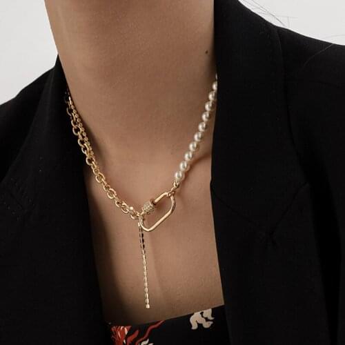 Fashion women gold plated chain patchwork pearl neutral wind climbing clavicle irregular necklace