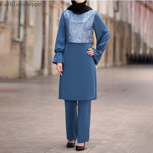 Muslim Womens Dress Set Dubai Abaya Malay Turkey UAE Fashion Two Pieces Suit Set Long Sleeve Top with Long Pants