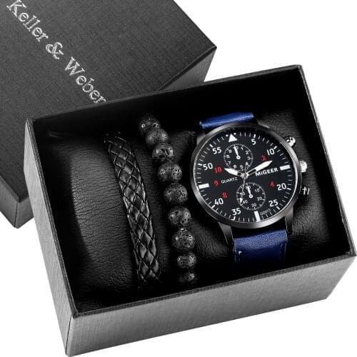 Male Blue Watch Black Bracelets Personality Quartz Watch Face High Quality Strap Fashion Clock Gift Set for Father Dad with Box