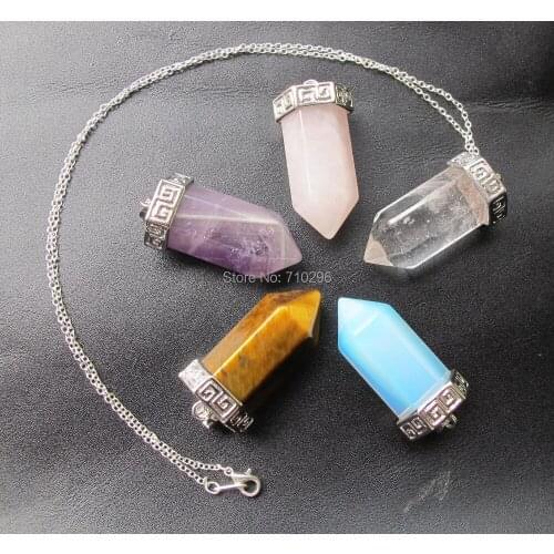 New arrived!Mixed stone point necklace Rose Pink quartz,Amethys t,Tiger eye,Oplite point necklace with silvers chain18"
