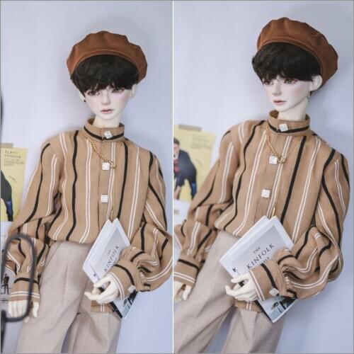 BJD Doll Clothes Mocha-Colored Shirt Striped Stand Collar Lantern-Sleeve Top Suitable for 1/41/3 Uncle Doll Accessories