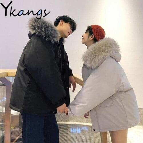 Solid Y2k Casual Fur Collar Winter Warm Hoodise Women High Street Pocket Cargo Parkas Couples Loose Thicken Korean Jacket Female