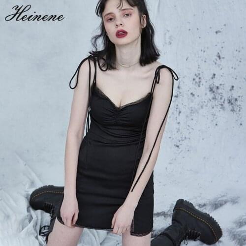 Heinene Gothic Summer Party Dress Punk Sexy Black Lace Sexy Bodycon Skinny Mini Dress Laceup Streetwear Backless Party Club