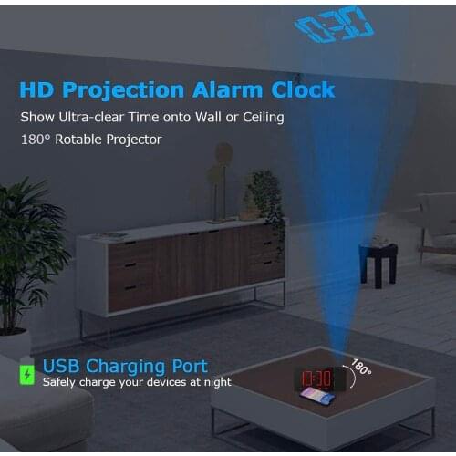 Projection Alarm Clock 180°Projector with FM Radio Snooze Function 4 Dimmer Dual Alarm USB Charging Digital Clock 12H/24H