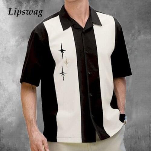 Vintage Patchwork Mens Striped Printing Lapel Shirts 2021 Summer Loose Short Sleeve Shirt For Men Fashion Button Tops Streetwear