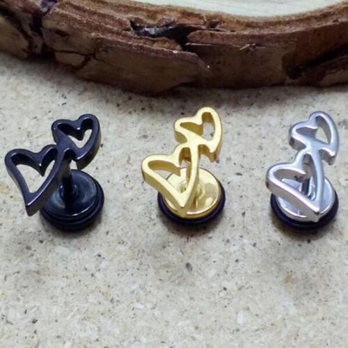 2 Piece Stainless Steel Earring Cute Double Heart Studs Girl Women Love Earrings Ear Plug Stud Body Piercing Jewelry