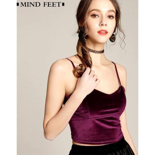 MIND FEET Velvet Top Women Sexy V Neck Vintage Punk Camisole Elegant Crop Top Ladies Wine Red Beige Black Autumn Winter