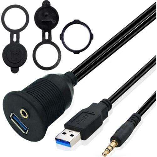USB Flush Mount Panel USB 2.0 USB 3.0 3.5mm Extension Dashboard Cable For Car Motorcycle