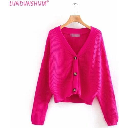 LUNDUNSHIJIA 2020 New Spring Autumn Womens Loose Knitting Sweaters Ladies V-Neck Long Sleeve Fashion Rose Red Cardigan Coats