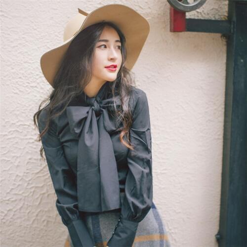 Women vintage fashion bowtie blouse high quality solid color long sleeve ladies elegant blouse free shipping
