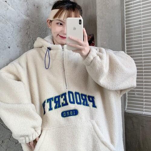 Ins Vintage Letter Embroider Grain Fleece Hoodie Women Zip Up Sweatshirt Oversized Loose Teens Girls New Korean Fashon Harajuku