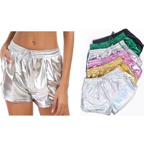 Women Shiny Metallic Hot Shorts 2021 Summer Holographic Wet Look Casual Elastic Drawstring Festival Rave Booty Shorts