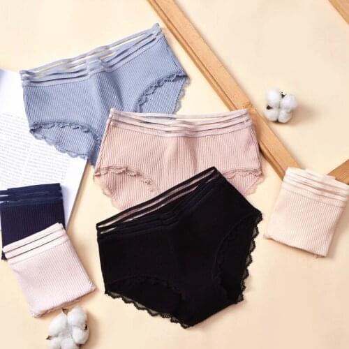 Women Panties Middle Waist Cotton Underwear Strip Lace Briefs Comfortable Lingerie