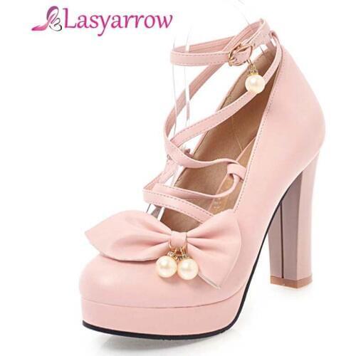 Lasyarrow Brand Shoes Woman Sweet Elegant Gladiator Cross-tied Pumps Shoes Thick High Heel Round Toe Lacing Wedding Shoes Q016
