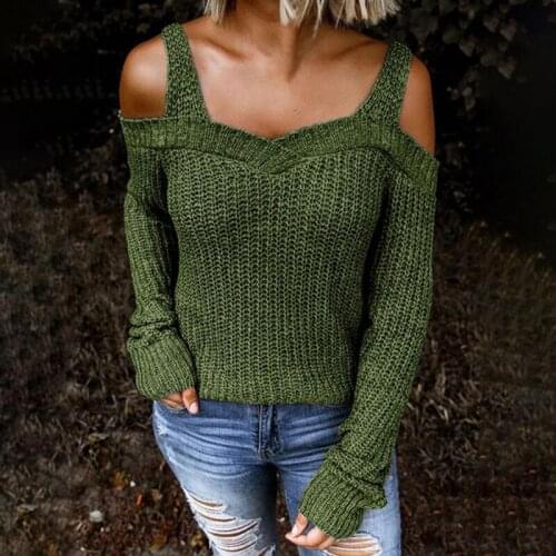 Sexy Off Shoulder Women Sweater Spaghetti Strap Long Sleeves V Neck Tops Knitted Pullover Spring Autumn New Female Sweater